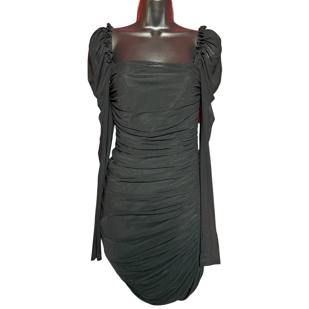 Unbranded Women Small Black Ruched Mesh Bodycon Pullover Mini‎ Dress Puff Sleeve